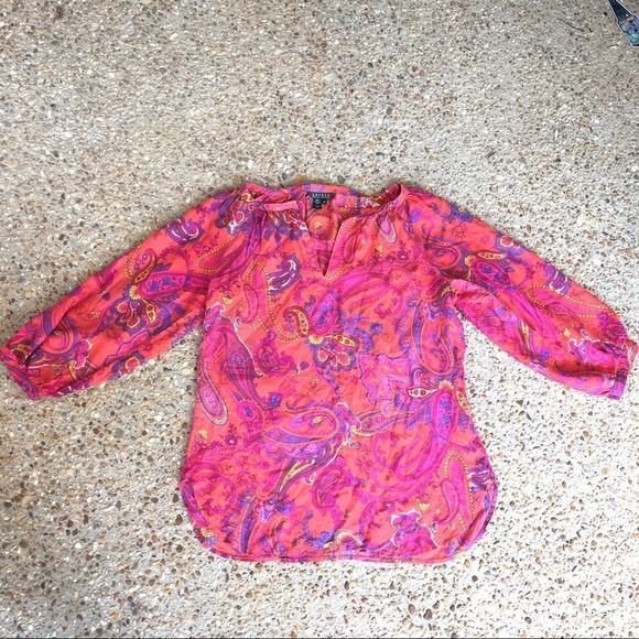 Lauren Ralph Lauren Silk Boho Paisley Tunic Blouse Size Medium - Picture 1 of 7